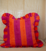 Load image into Gallery viewer, Indian Block printed linen ruffle cushion -pink/orange