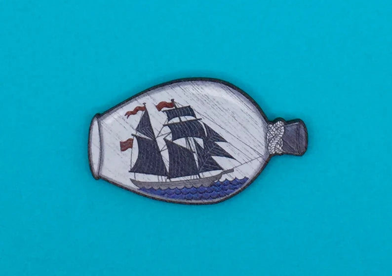 Ship in Bottle Wooden Pin Brooch