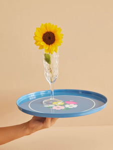Metal Round Tray in Blue with Flowers