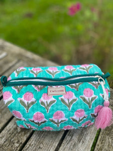 Turquoise and Pink Handmade Quilted Washbag