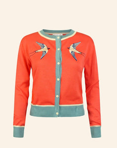 Embroidered swallows Vera Cardigan in coral