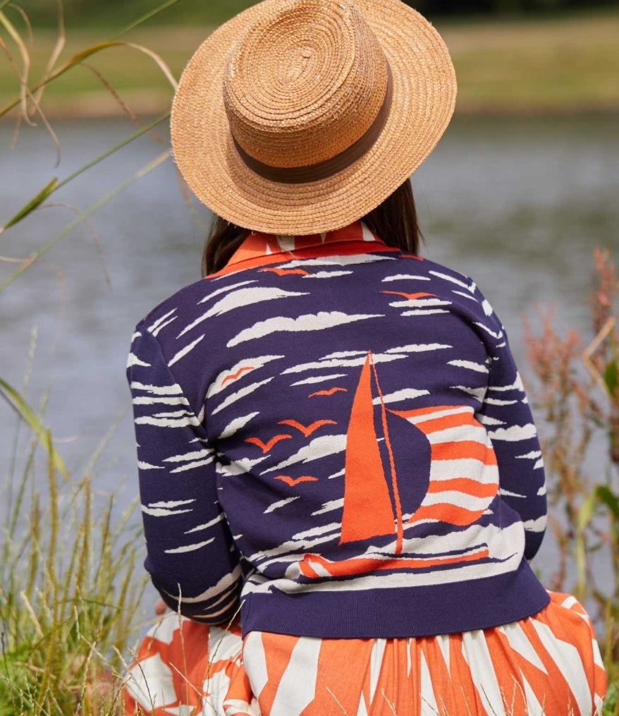 Vera navy sailing boat long-sleeved cardigan