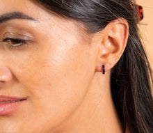 Load image into Gallery viewer, Black and enamel gold huggie earrings
