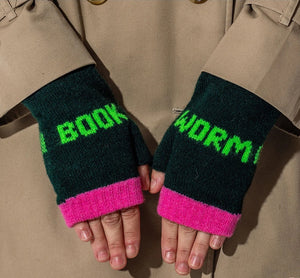 Book Worm Mittens in Forest Green and Neon Green