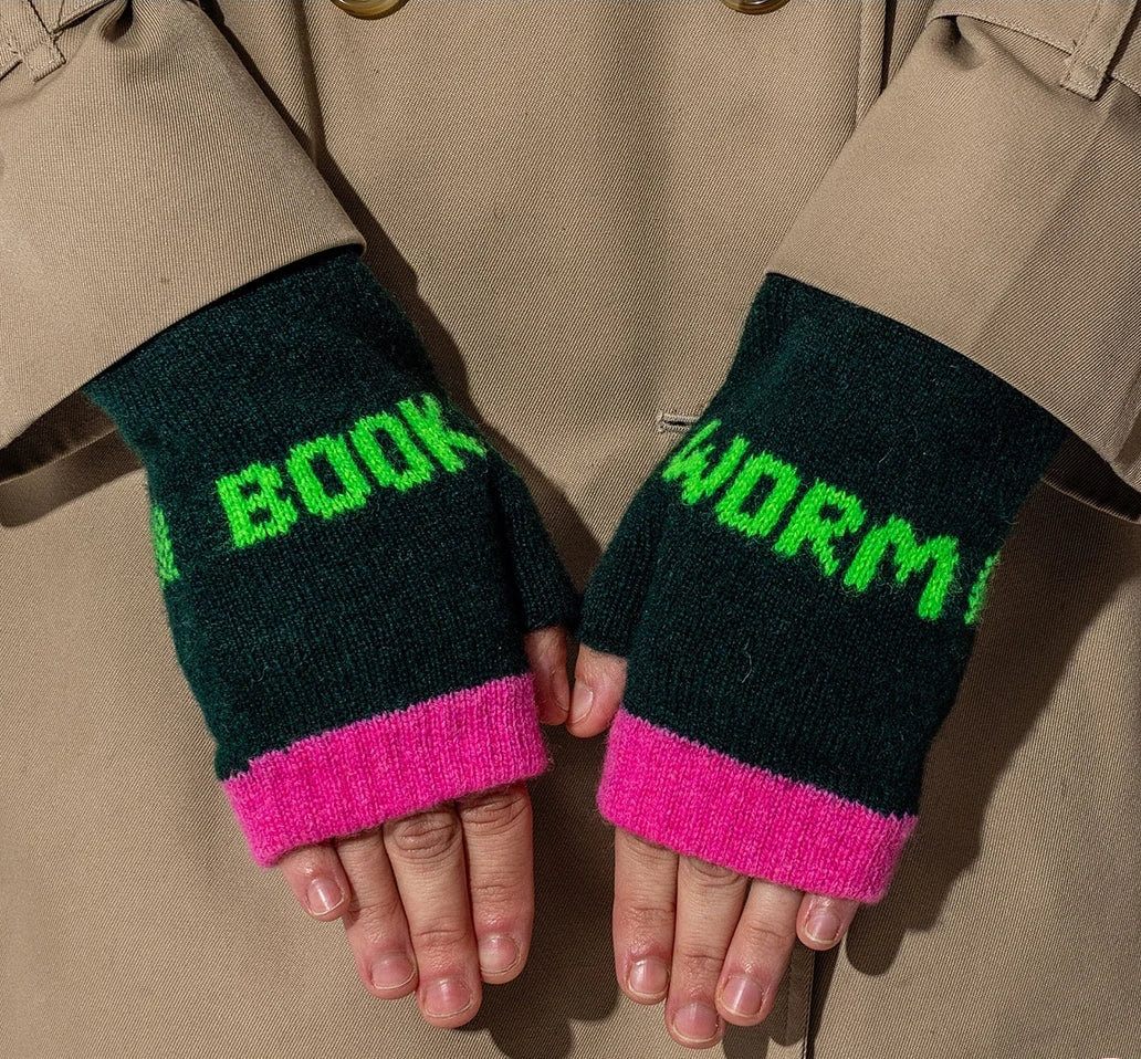 Book Worm Mittens in Forest Green and Neon Green