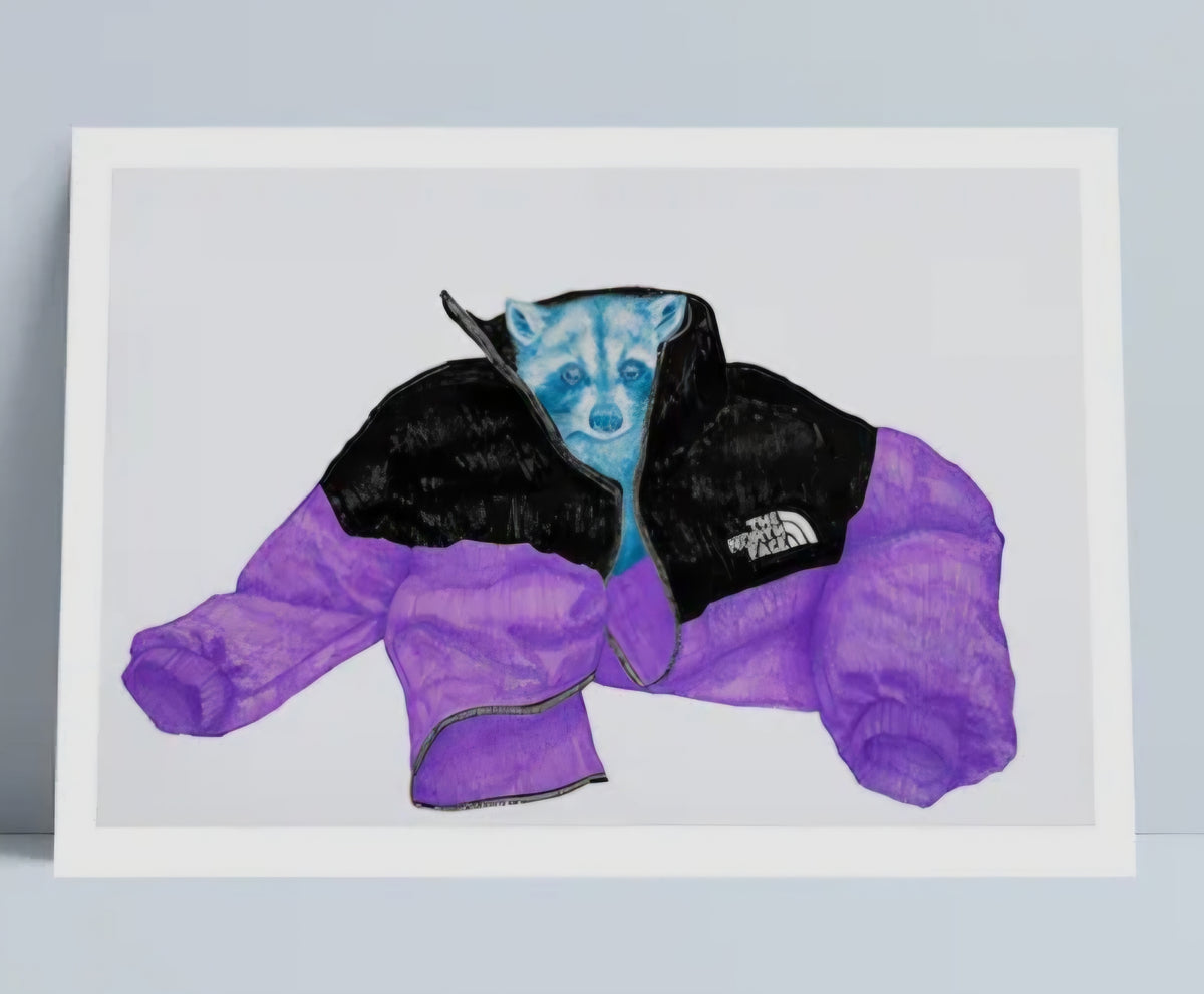 "Couture Bandits Raccoon Puffer Jacket" A4 Print by Niki Pilkington