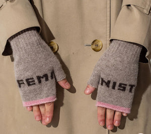 Feminist Fingerless Gloves in Mushroom and Cocoa