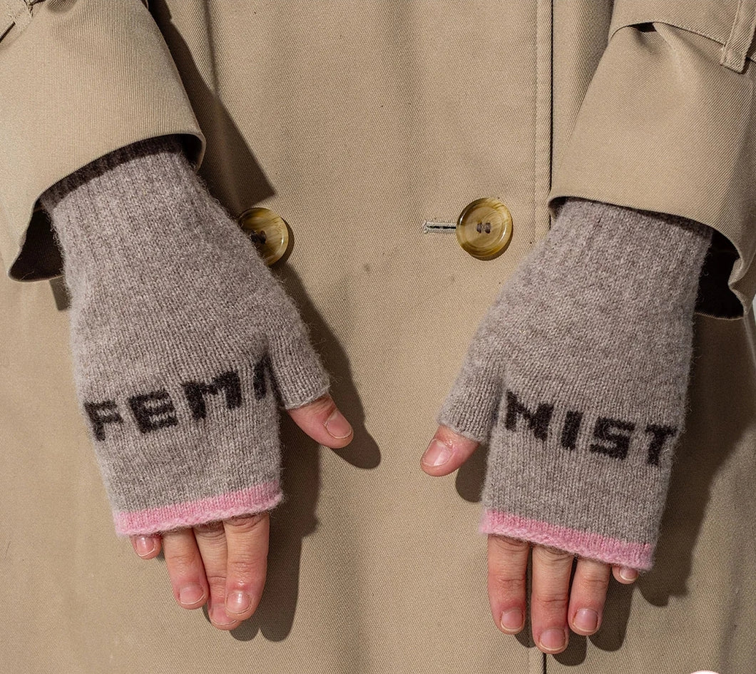 Feminist Fingerless Gloves in Mushroom and Cocoa