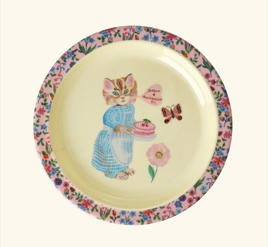 Pink vintage cat melamine plate by Nathalie Lété for Rice