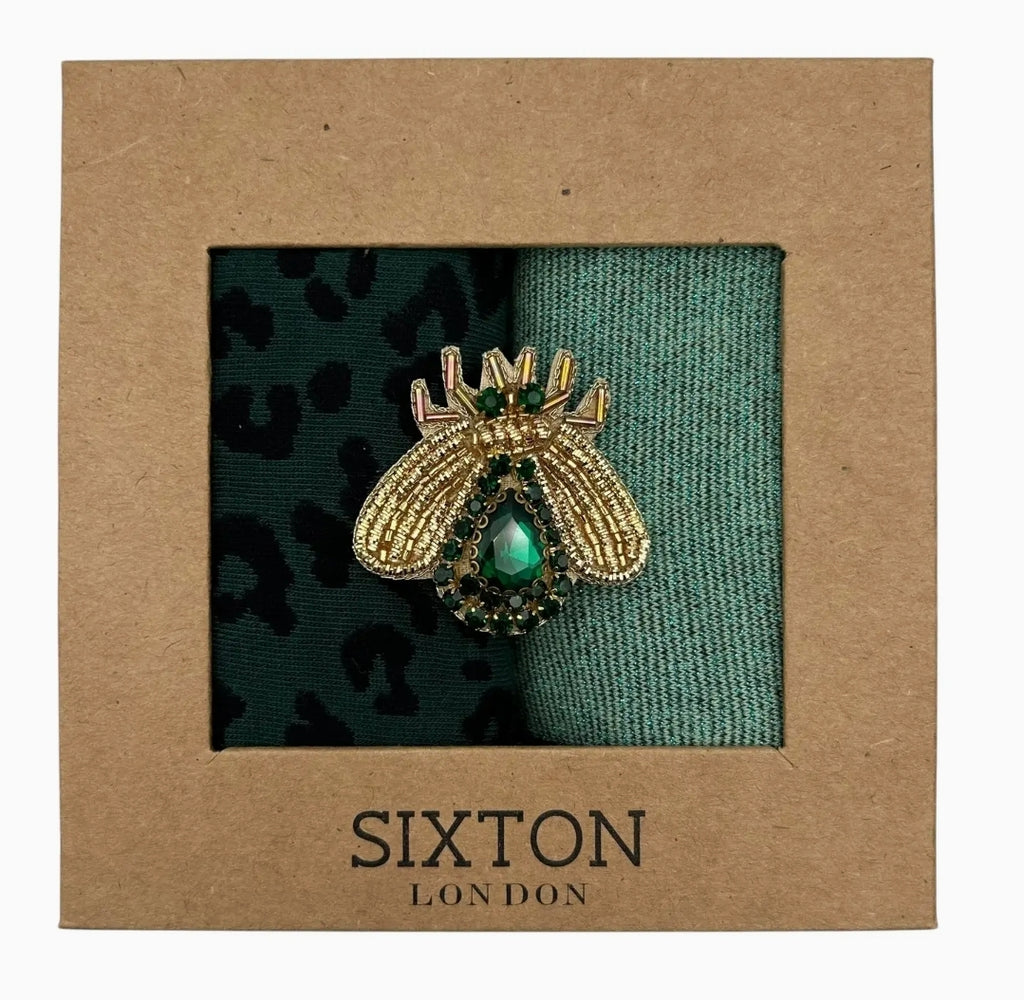 Mint Tokyo and Teal leopard sock duo gift set with jewelled insect brooch