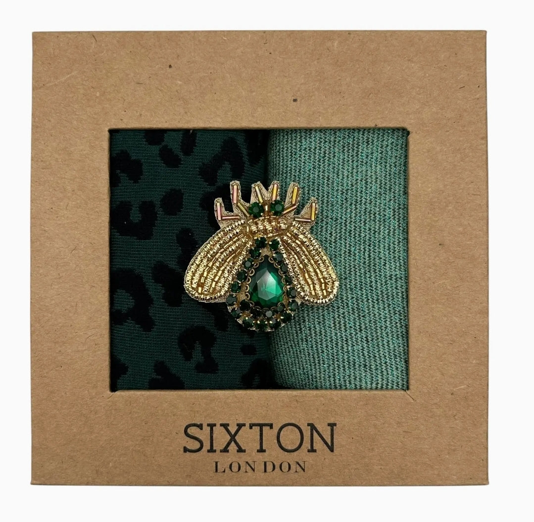Mint Tokyo and Teal leopard sock duo gift set with jewelled insect brooch