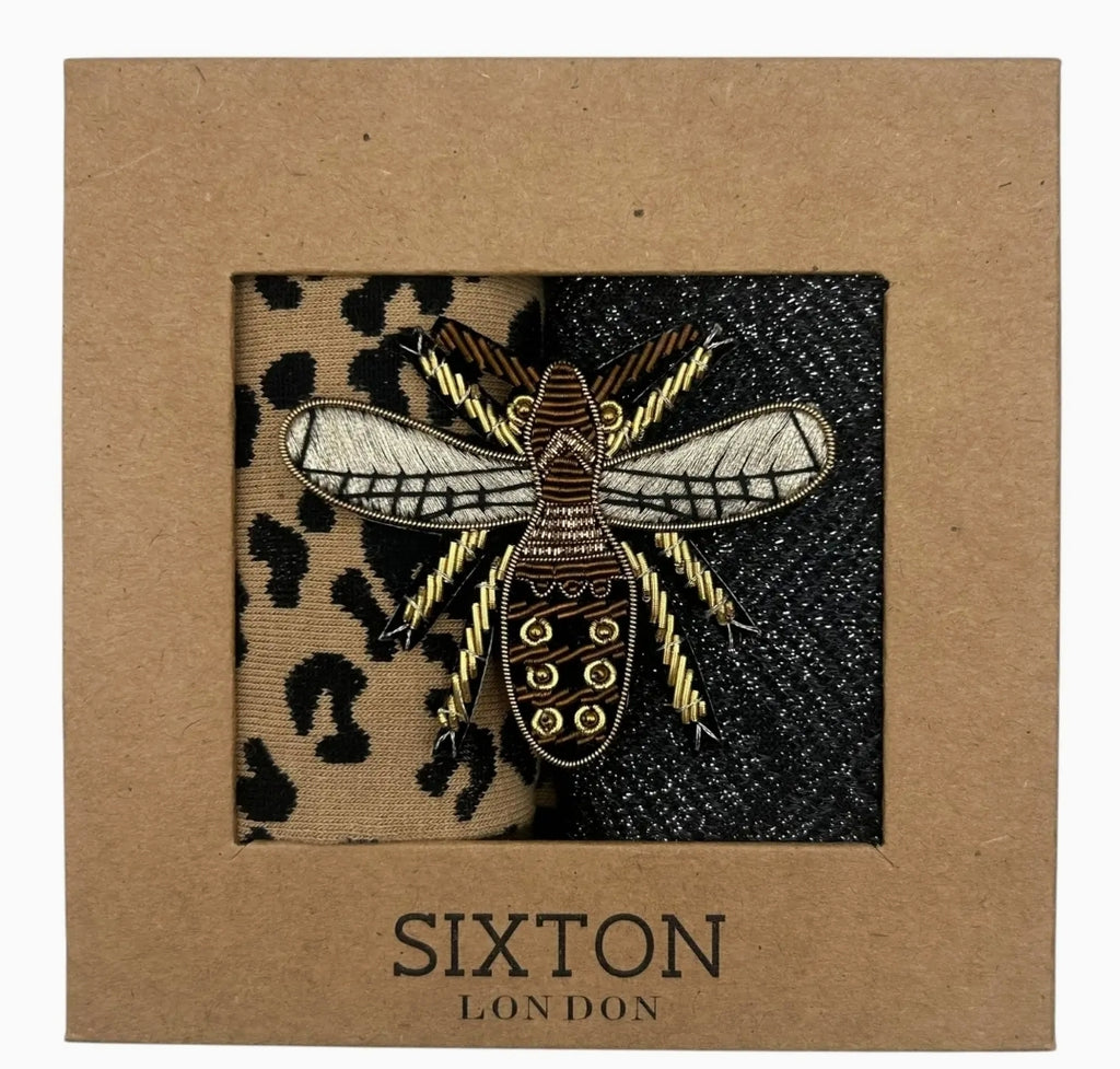 Sand leopard and Paris lurex duo sock with jewelled bee brooch gift set