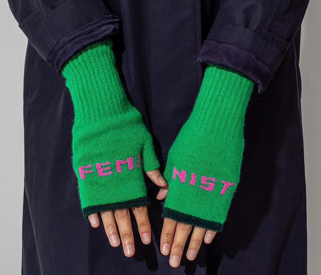 Feminist Fingerless Mittens in Kelly Green and Bubblegum