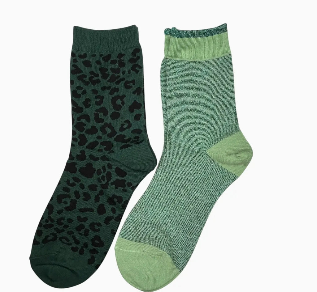 Mint Tokyo and Teal leopard sock duo gift set with jewelled insect brooch