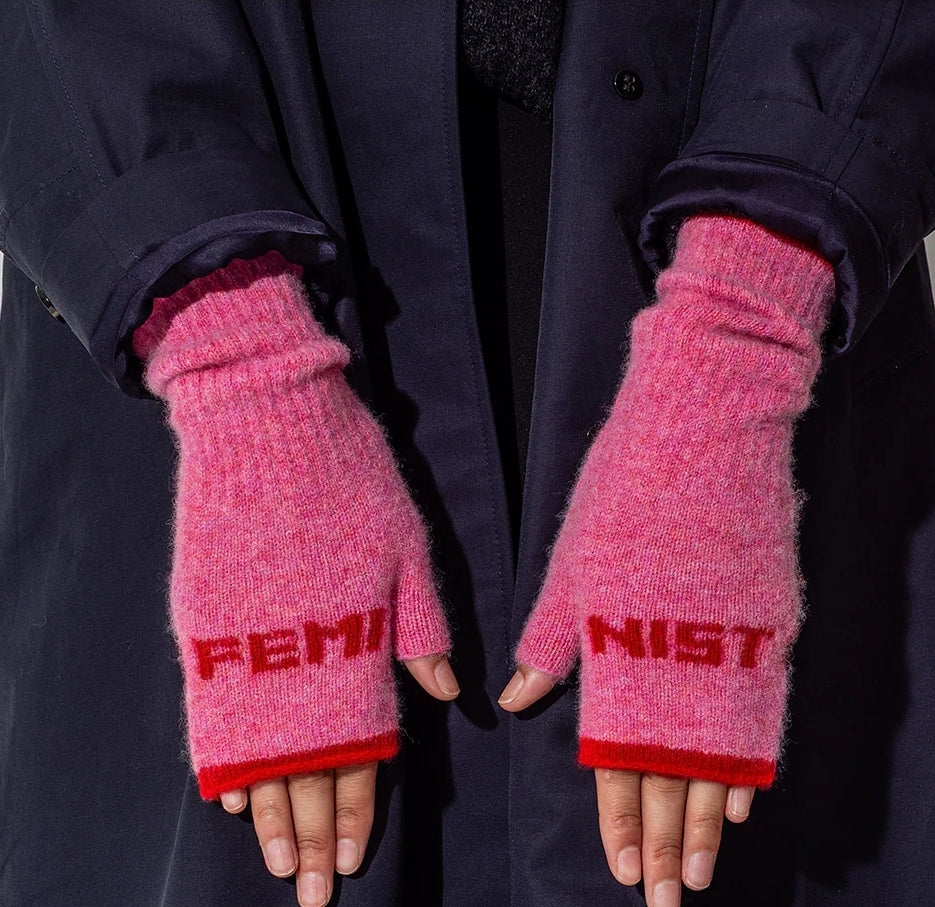 Feminist Fingerless Mittens in French Rose and Rouge