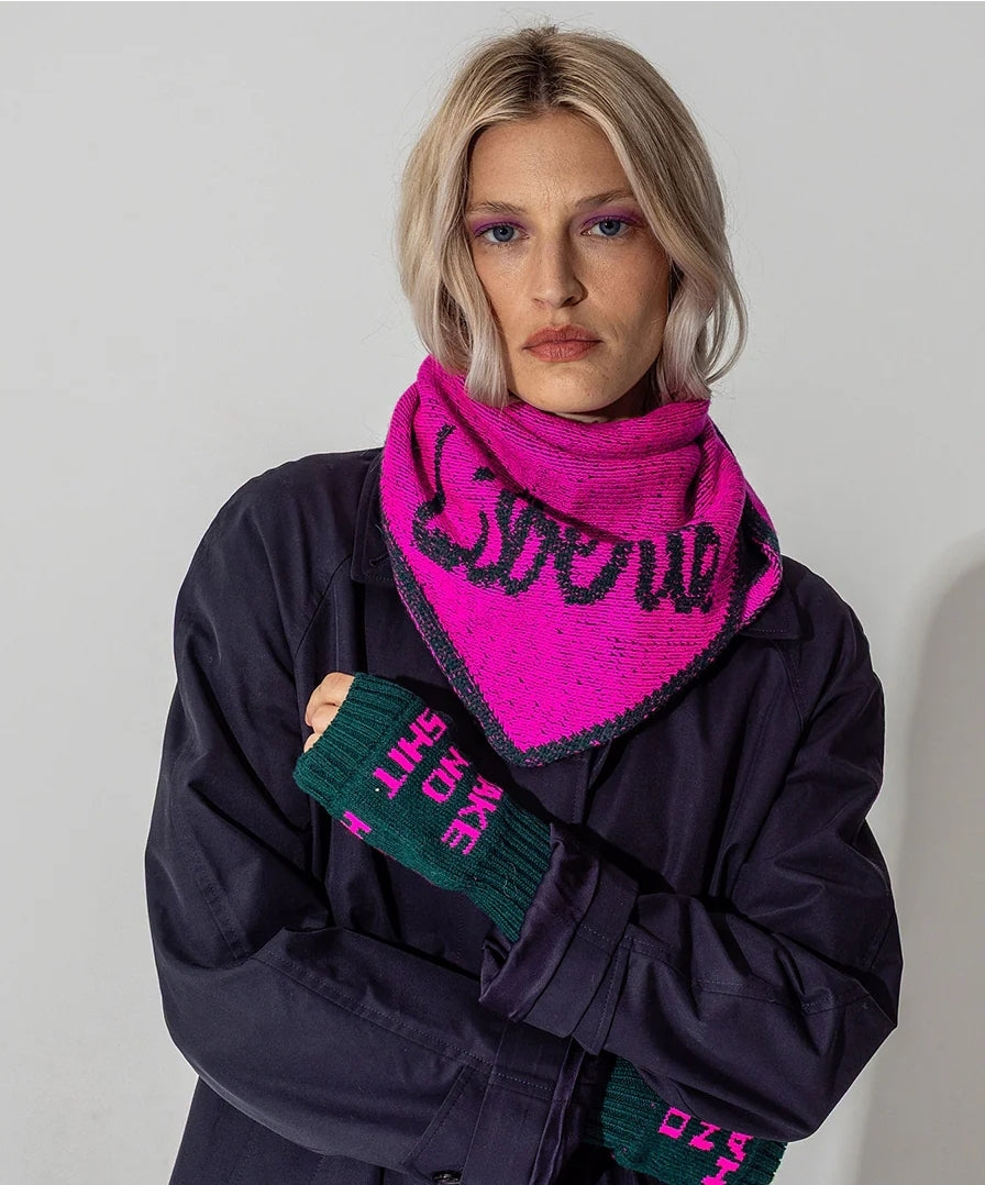 Liberté lambswool triangle scarf in fluro pink and green