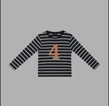 Load image into Gallery viewer, Bob and Blossom Black and White Breton Striped Number T Shirt
