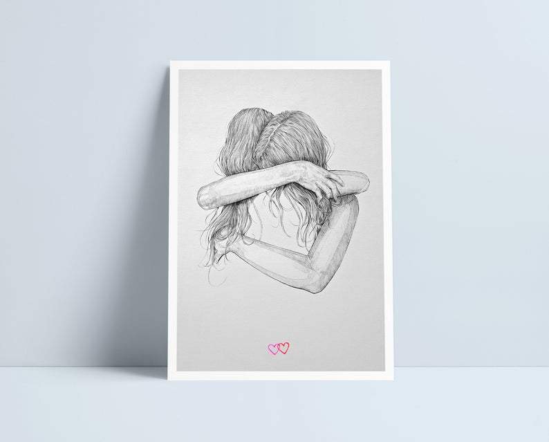 Girls Hugging (All variations) - A4 Prints by Niki Pilkington