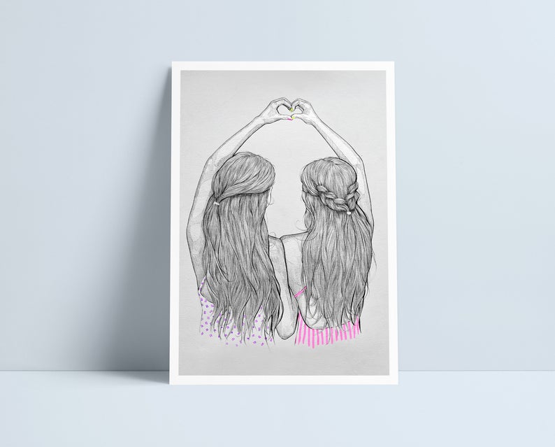 Two girls making heart hands (All variations) - A4 Prints by Niki Pilkington