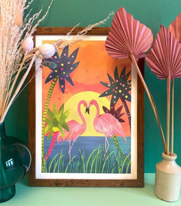 Sunset Flamingos print by Hutch Cassidy